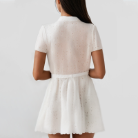 Summer Lapel Beige Embroidered Short-Sleeved Mini Dress - Image 3