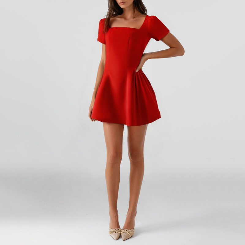 Summer Red Square Neck Short Sleeve Zipper Mini Dress