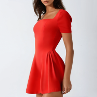 Summer Red Square Neck Short Sleeve Zipper Mini Dress - Image 5