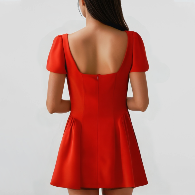 Summer Red Square Neck Short Sleeve Zipper Mini Dress - Image 2