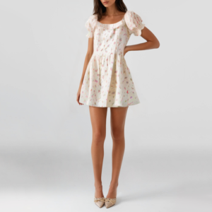 Beige Square Neck Printed Short Sleeve Mini Dress