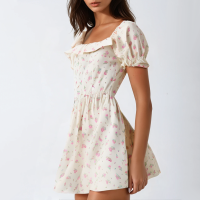 Beige Square Neck Printed Short Sleeve Mini Dress - Image 5