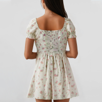 Beige Square Neck Printed Short Sleeve Mini Dress - Image 3