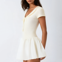 Summer Beige Lapel Short Sleeve Front Tie Mini Dress - Image 5