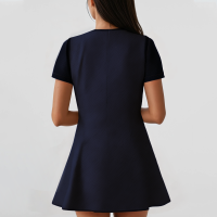 Summer Denim Blue V-neck Button Short Sleeve Mini Denim Skirt - Image 3