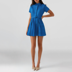 Summer embroidered blue lapel short-sleeved tie mini dress