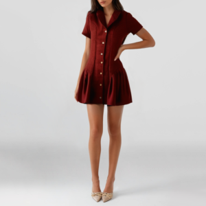 Summer Red Notch Neck Short Sleeve Button Mini Dress