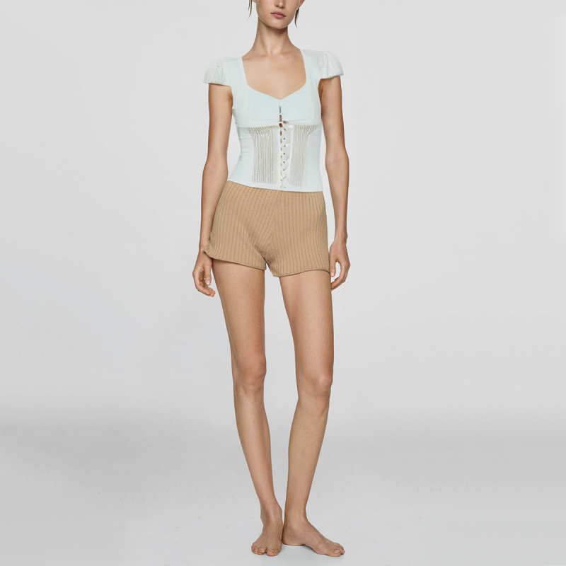 White cotton square neck casual blouse with shoulder straps and buttons