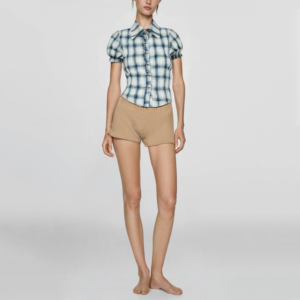 Lapel short sleeve button up check print cotton casual blouse