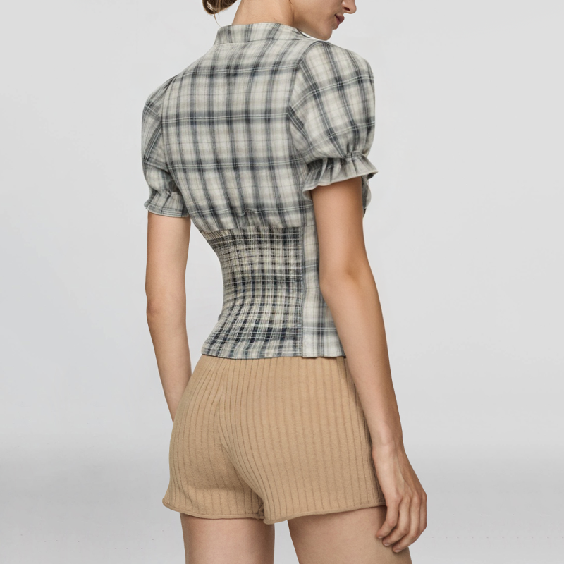 Lapel short sleeve button up check print cotton casual blouse - Image 2