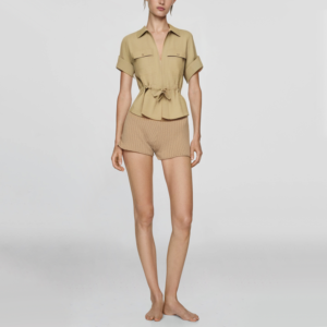 Khaki Lapel Short Sleeve Front Bow Tie Decoration Casual Fashion Women's Cover Up