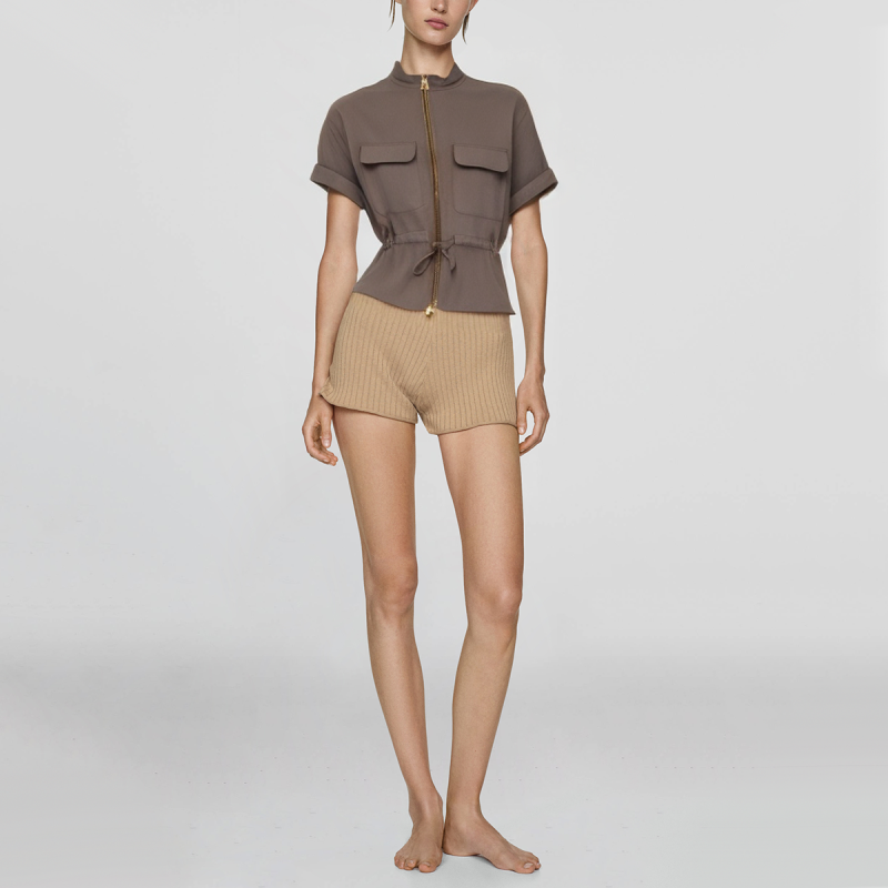 Grey Stand Collar Short Sleeve Zipper Detail Casual Fashion Women's Cover Up