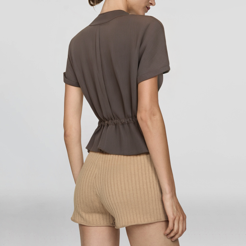 Grey Stand Collar Short Sleeve Zipper Detail Casual Fashion Women's Cover Up - Image 2