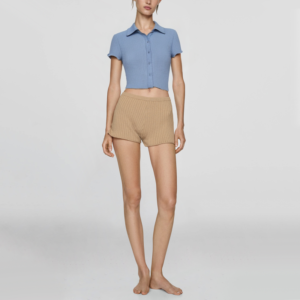 New Grey Blue Slim Fit Knit Lapel Short Sleeve Women's Button Shirt