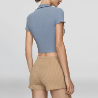 New Grey Blue Slim Fit Knit Lapel Short Sleeve Women's Button Shirt - Image 3