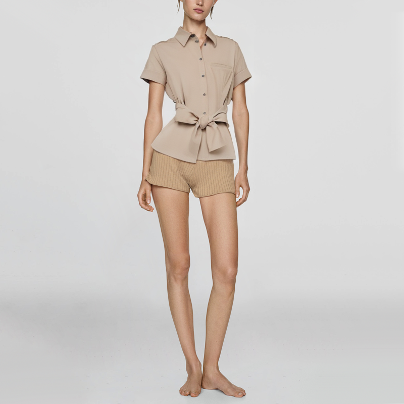 New Retro Lapel Belt Shirt Short Sleeve Casual Women's Tops