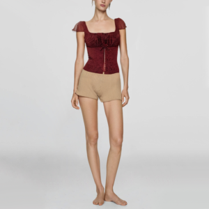 Red Square Neck Short Sleeve Front Tie Floral Pattern Casual Cropped Women's Top