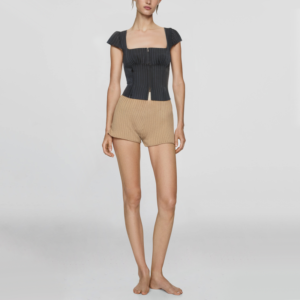 Square Neck Short Sleeve Zipper Flying Stripe Printed Casual Fashion Women's Shirt