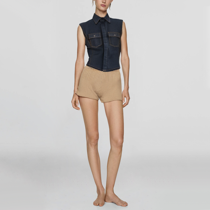 Women's Blue Front Pocket Denim Lapel Sleeveless Casual Fashion Denim Shirt Tops