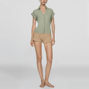 Lapel Green Short Sleeve Button Shirt Women's Casual Fashion Tops