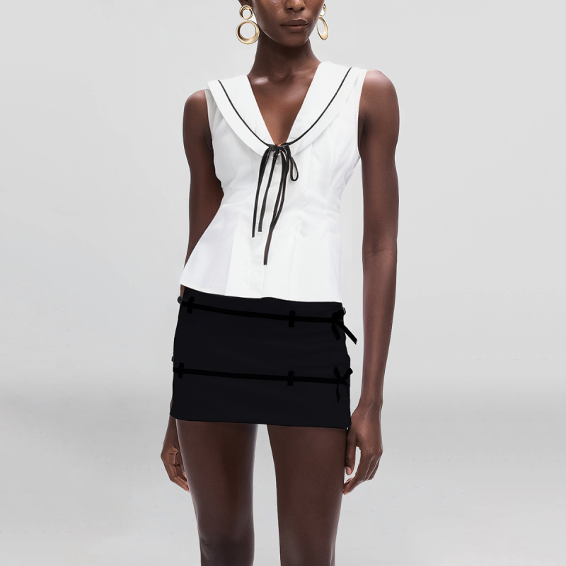 Sailor Collar White Lace-up Casual Fashion Sleeveless Women's Vest - Image 4