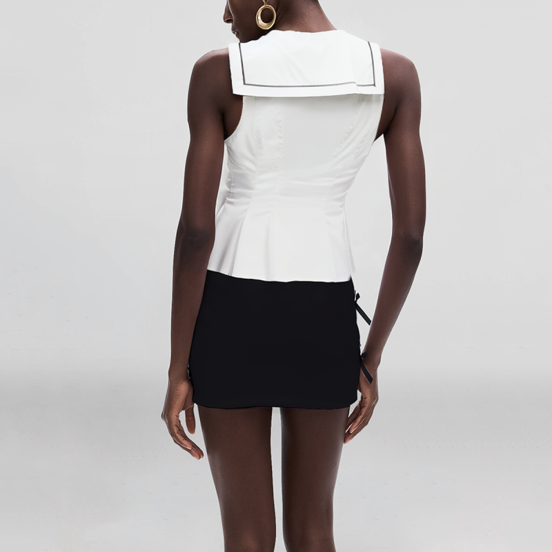 Sailor Collar White Lace-up Casual Fashion Sleeveless Women's Vest - Image 2