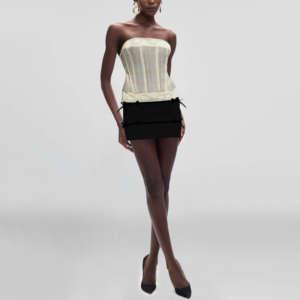 Strapless Plaid Print Beige Floral Lace Cut-Out Women's Tank Top