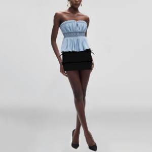 Blue elastic waist strapless cropped tank top for women with tie front design