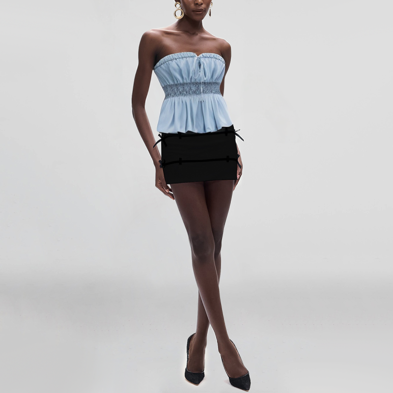 Blue elastic waist strapless cropped tank top for women with tie front design