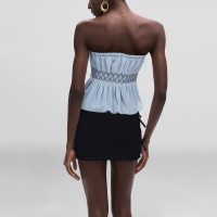 Blue elastic waist strapless cropped tank top for women with tie front design - Image 3