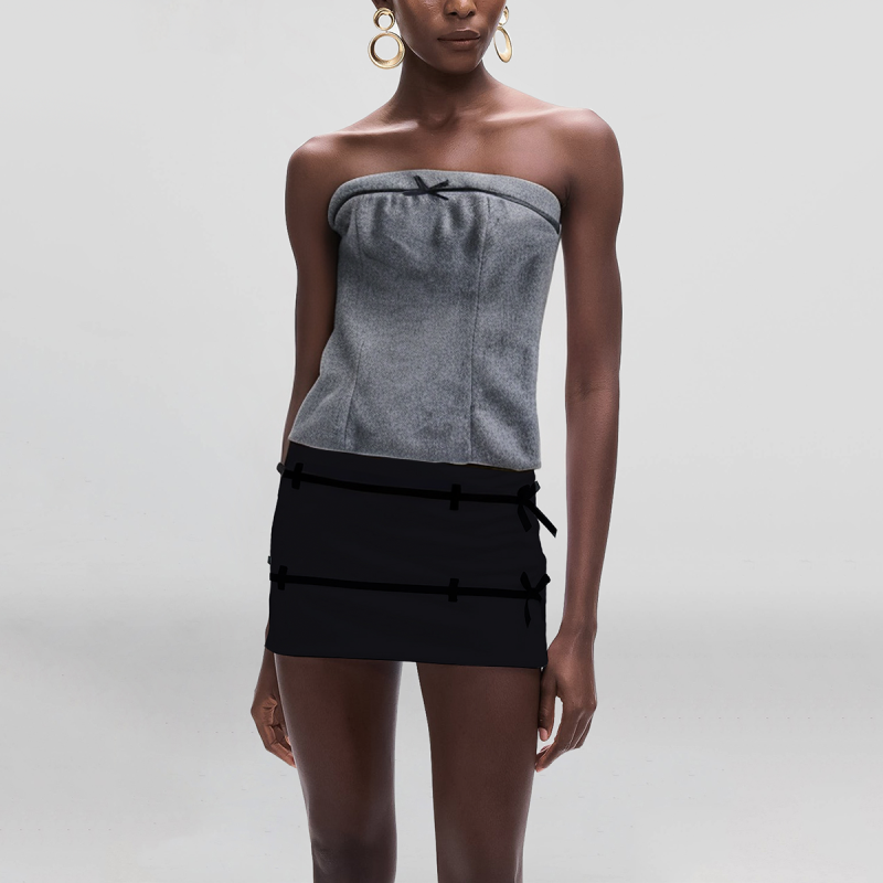 Grey Tie Front Zipper Fly Design Strapless Crop Tank Top for Women - Image 4