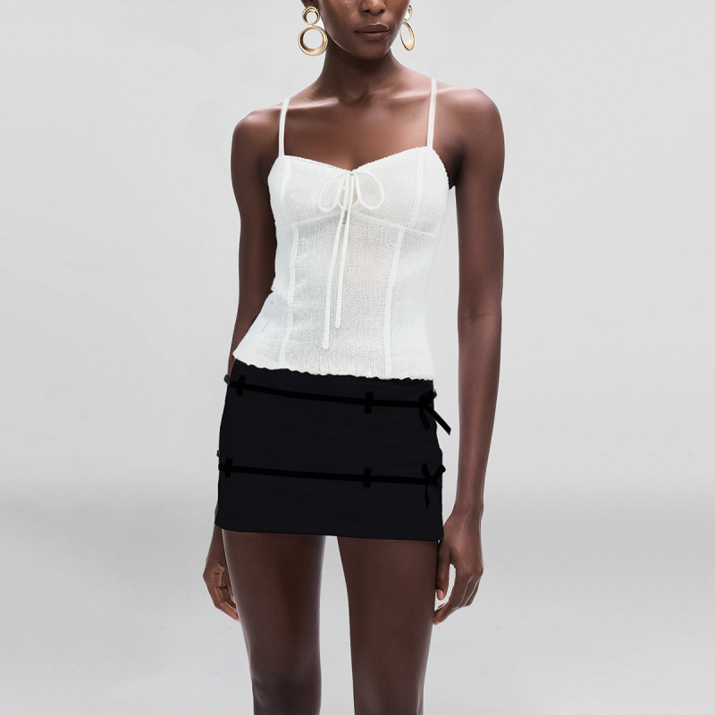 Noodle Strap White Front Tie Casual Fashion Women's Cotton Short Crop Vest - Image 4