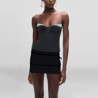 Noodle Band Black Front Pleated Stitching Design Casual Fashion Women's Crop Vest - Image 5