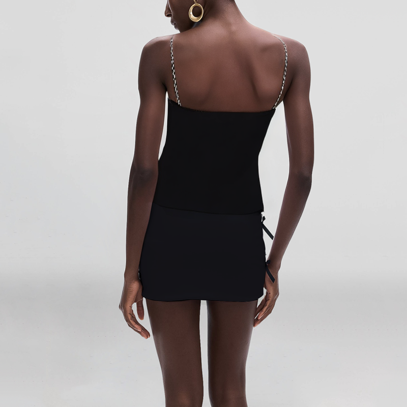 Noodle Band Black Front Pleated Stitching Design Casual Fashion Women's Crop Vest - Image 2