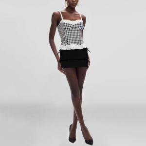 Spaghetti Strap Black and White Plaid Print Front Tie Lace Vest