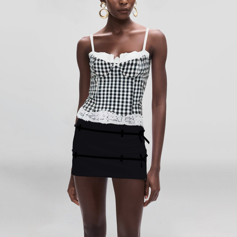 Spaghetti Strap Black and White Plaid Print Front Tie Lace Vest - Image 4