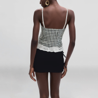 Spaghetti Strap Black and White Plaid Print Front Tie Lace Vest - Image 3