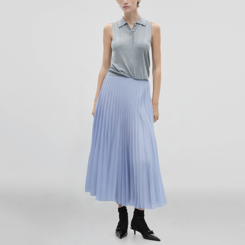 Elastic waist blue hot sale casual fashion women's long pleated skirt