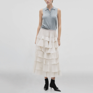 Elastic waist white ruffled casual fashion long skirt for women