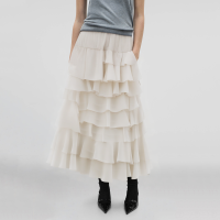 Elastic waist white ruffled casual fashion long skirt for women - Image 5