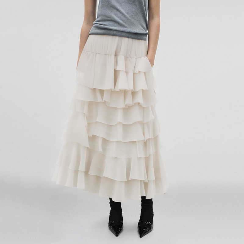 Elastic waist white ruffled casual fashion long skirt for women - Image 4