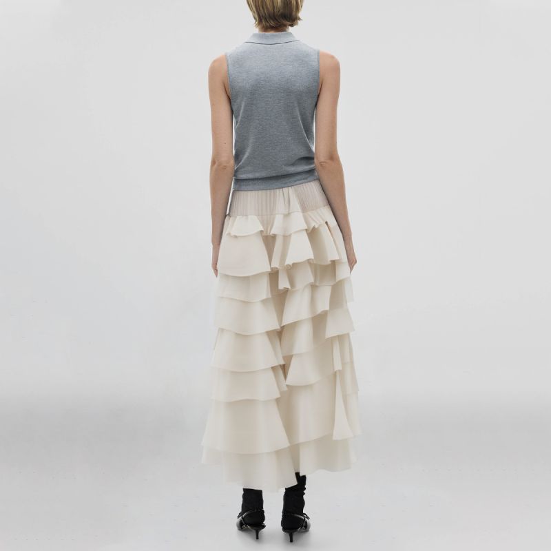 Elastic waist white ruffled casual fashion long skirt for women - Image 2