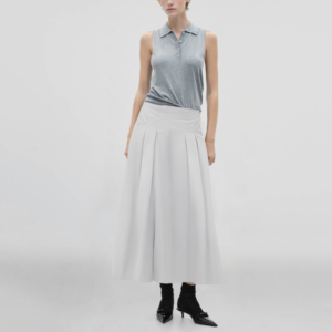 Zipper Fly White Pleated Casual Fashion Women's Long Skirt