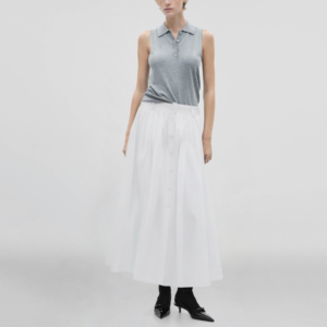 Button White Pleated Casual Long Skirt for Women