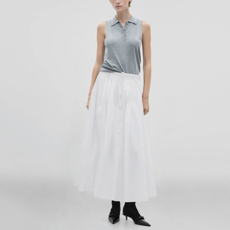 Button White Pleated Casual Long Skirt for Women