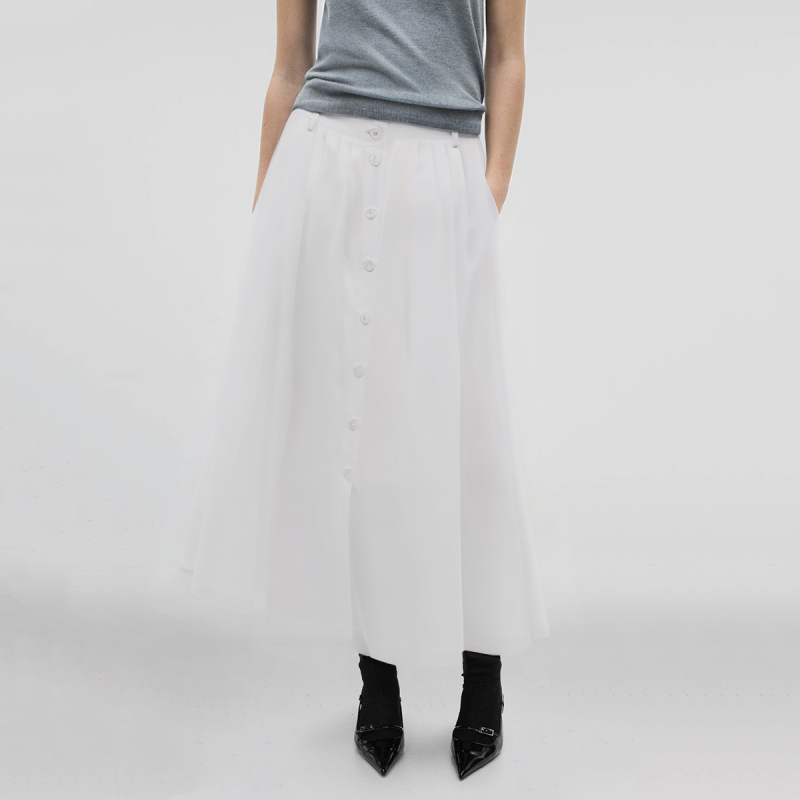 Button White Pleated Casual Long Skirt for Women - Image 4