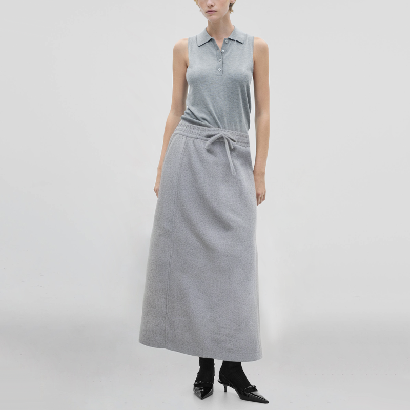 Drawstring waist grey hot sale casual fashion women's calf length A-line skirt