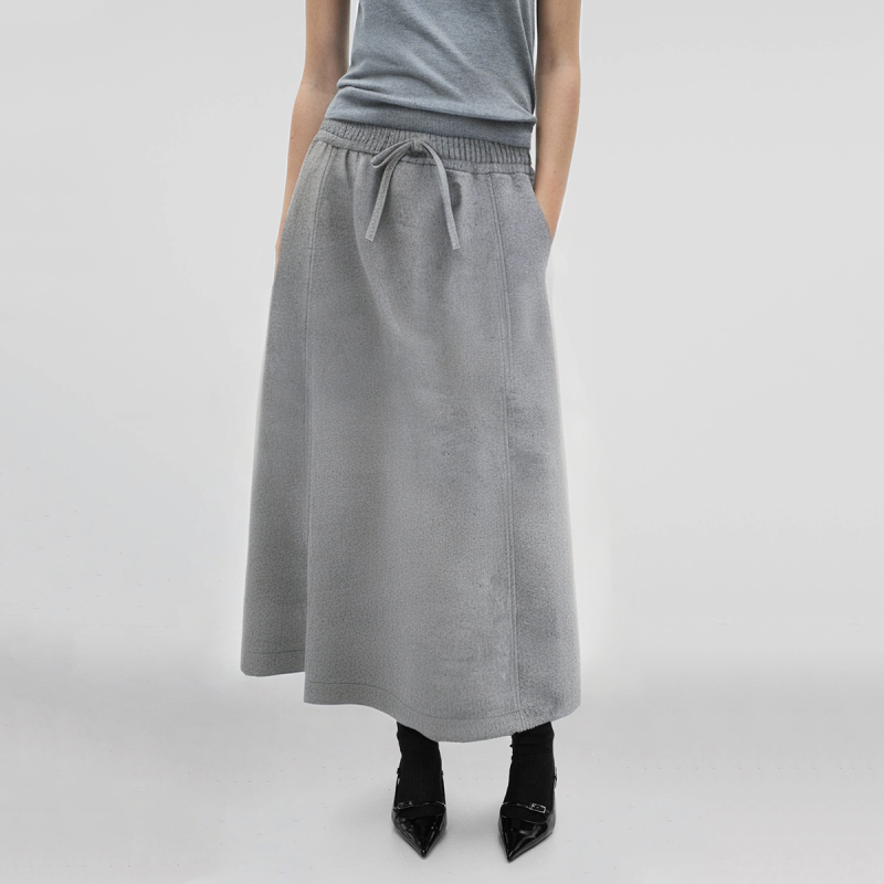 Drawstring waist grey hot sale casual fashion women's calf length A-line skirt - Image 4