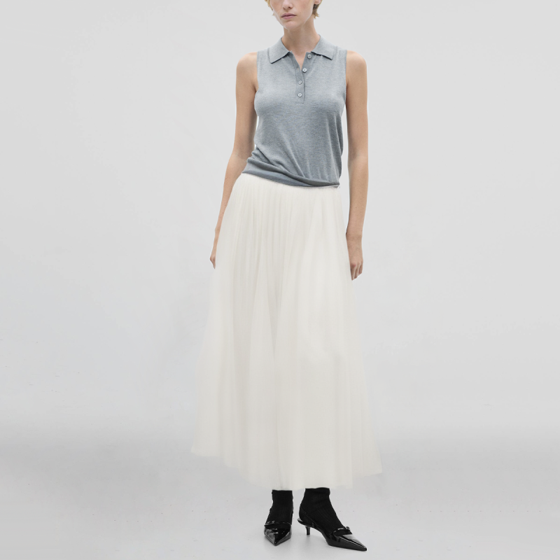 Zipper Fly Beige Pleated Casual Fashion Women's Calf Length A-Line Skirt