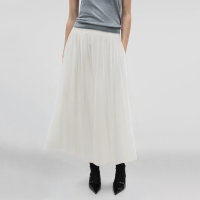 Zipper Fly Beige Pleated Casual Fashion Women's Calf Length A-Line Skirt - Image 5